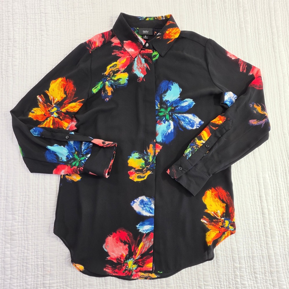 Mossimo Womens Small Black Floral Button Down Shirt Long Sleeve Blouse EUC Top